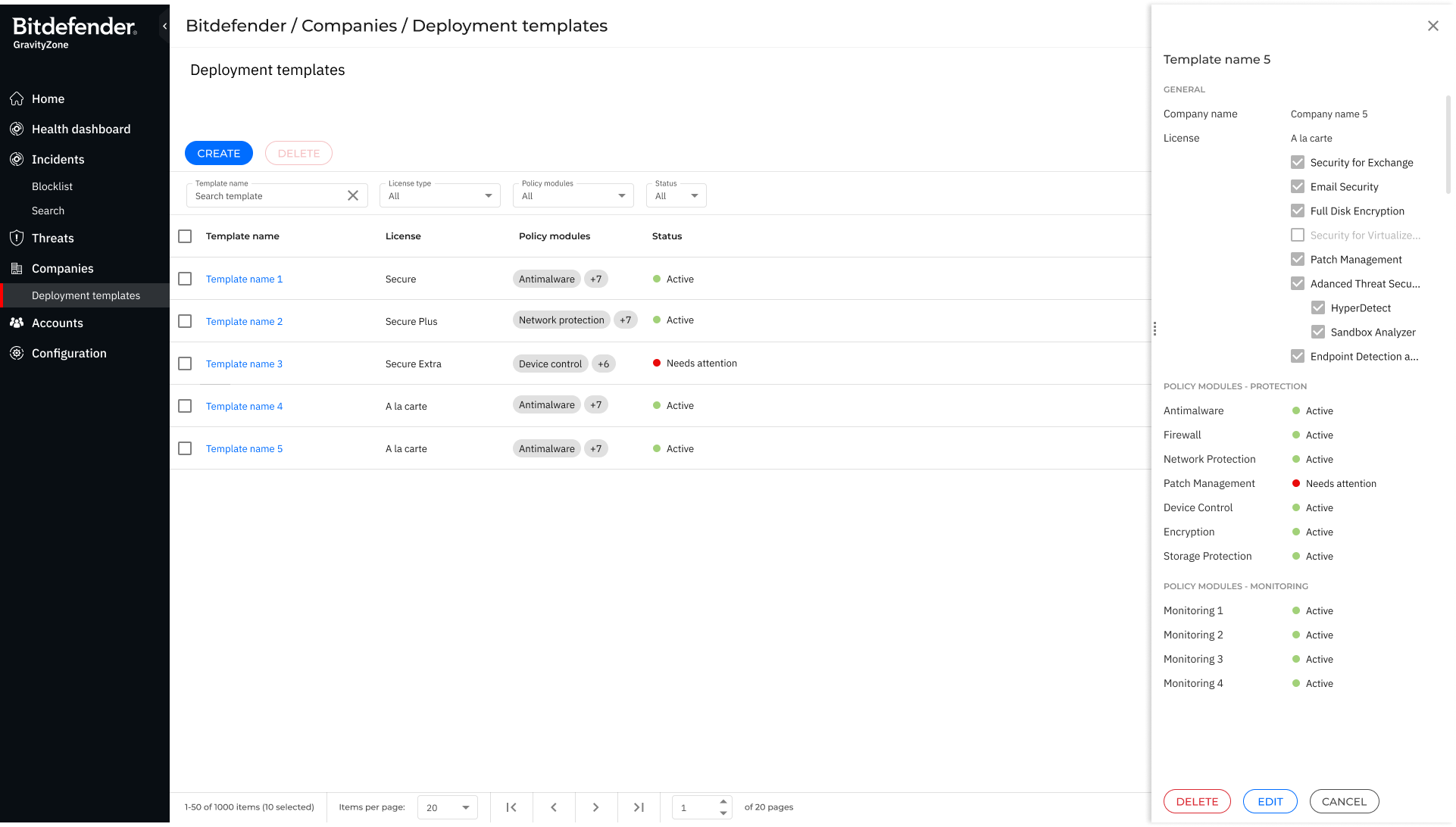 Deployment templates page