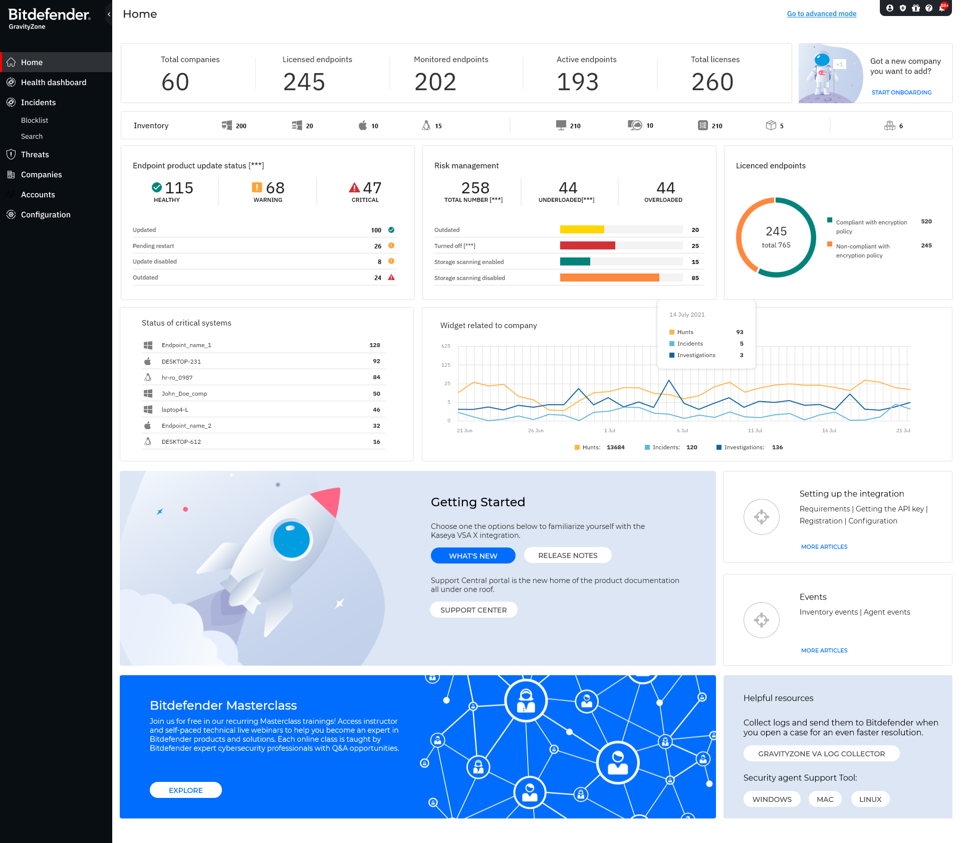 GravityZone Simplified home dashboard